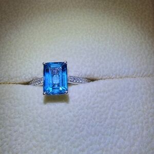 Emerald Cut London Blue Topaz Cocktail Ring With Diamonds AAA